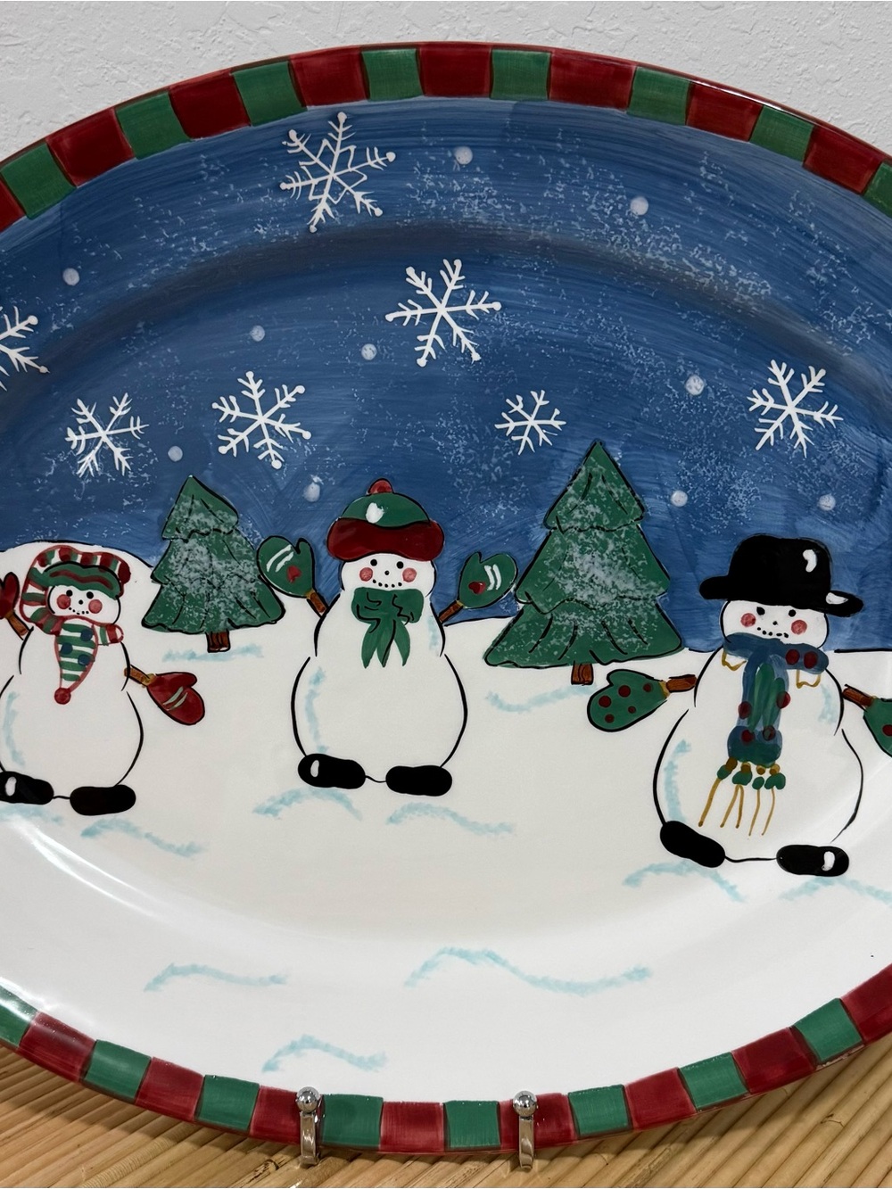 Sakura HOLIDAY TRIO Hand Painted Snowman Large Oval Handled Serving Platter